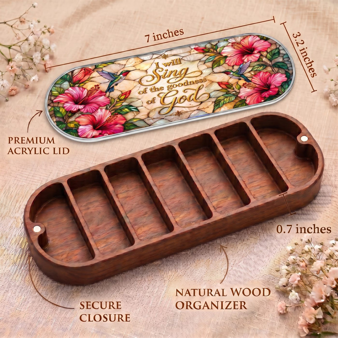 "I Will Sing of the Goodness of God — Hibiscus & Hummingbird Stained Glass" Pill Case clean product view