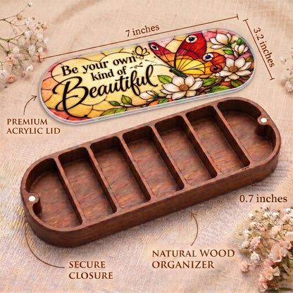 Be Your Own Kind of Beautiful Pillcase dimensions with acrylic lid, secure closure and natural wood organizer