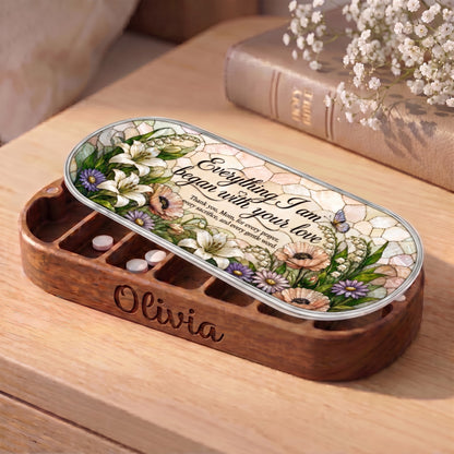 Personalized Olivia Pillcase with lilies, poppies, butterfly and Everything I Am Began with Your Love lid