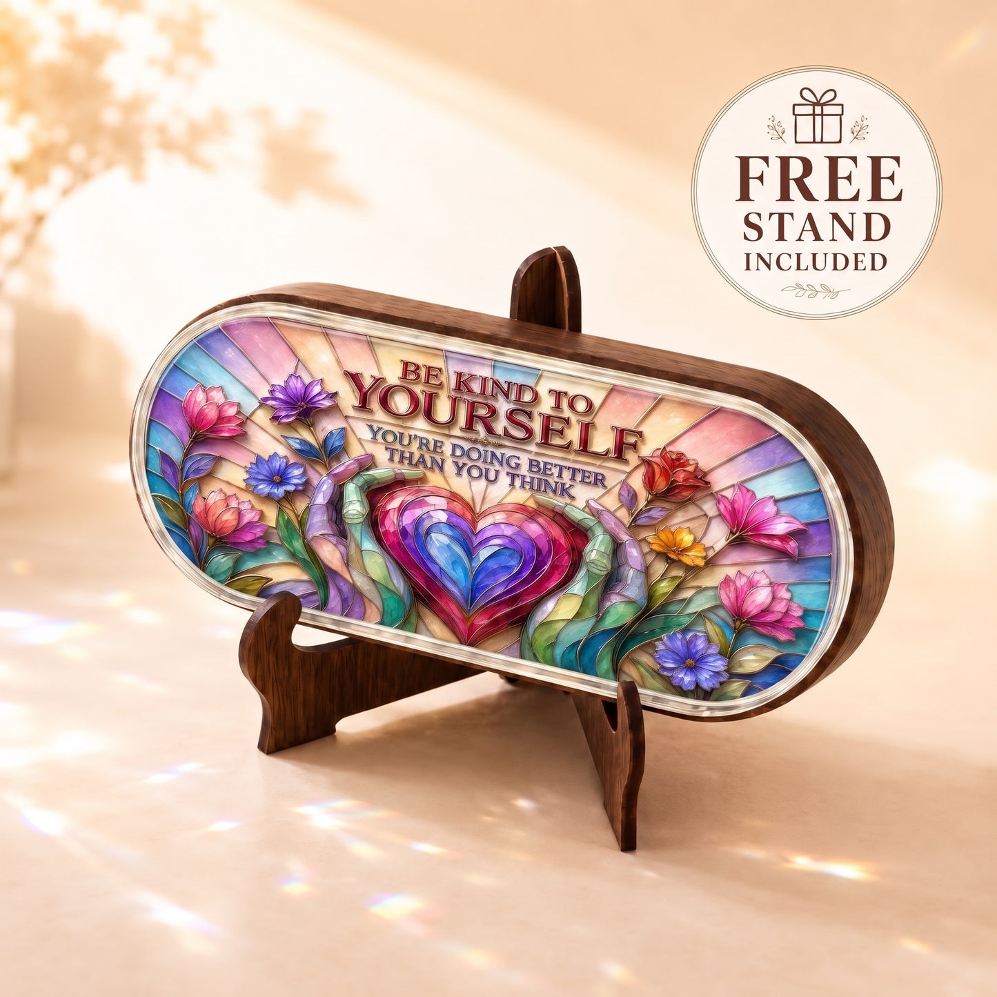 Be Kind to Yourself floral heart stained-glass Pillcase displayed on the included wooden stand