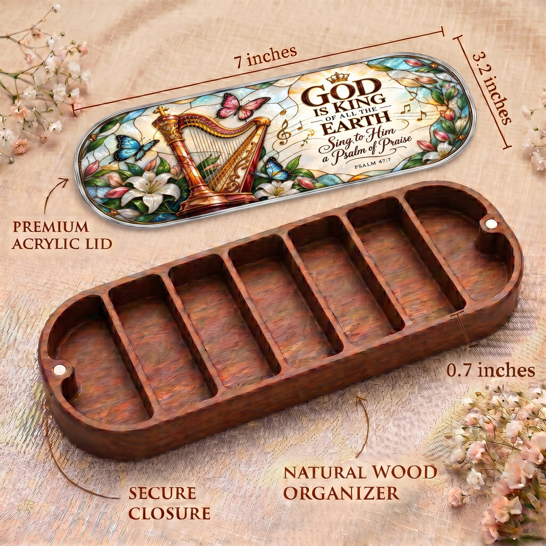 Psalm 47:7 harp and butterfly Pillcase dimensions, acrylic lid, secure closure and natural wood organizer