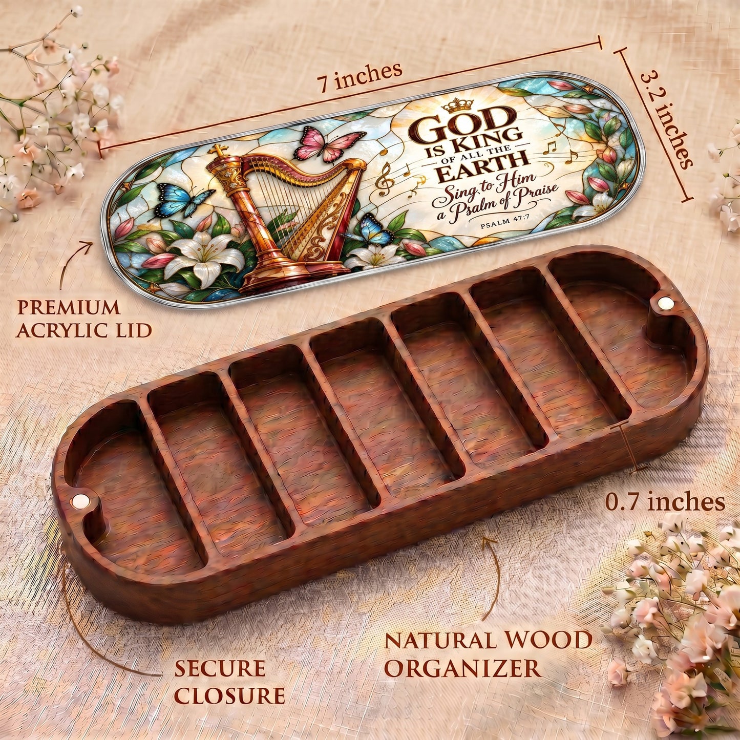 Psalm 47:7 harp and butterfly Pillcase dimensions, acrylic lid, secure closure and natural wood organizer