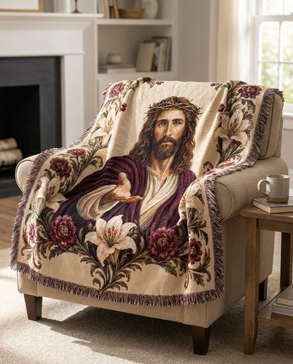 Crown of Thorns Jesus Floral Woven Blanket mockup 4
