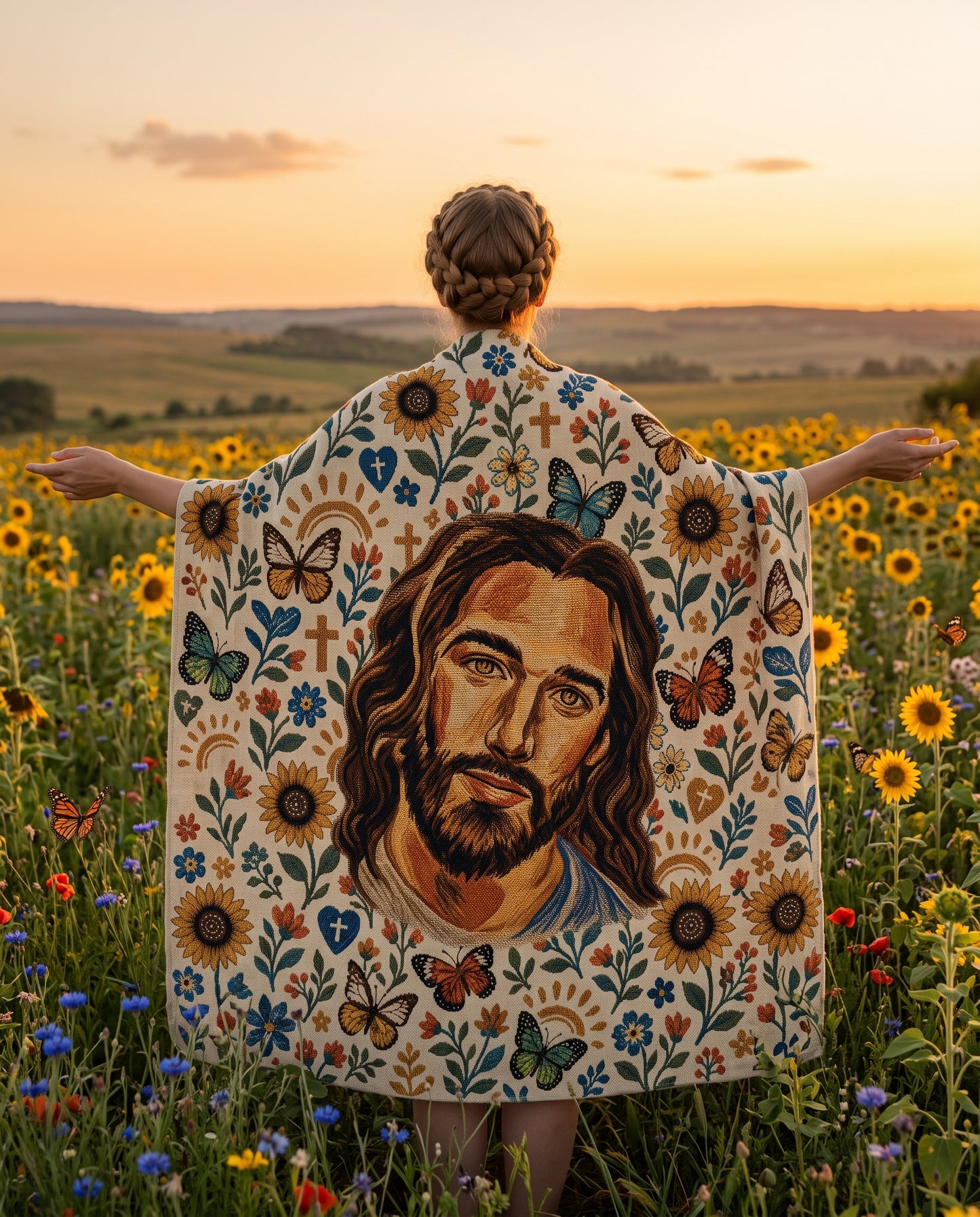 Jesus in the Sunflower Garden Woven Blanket gallery image 1
