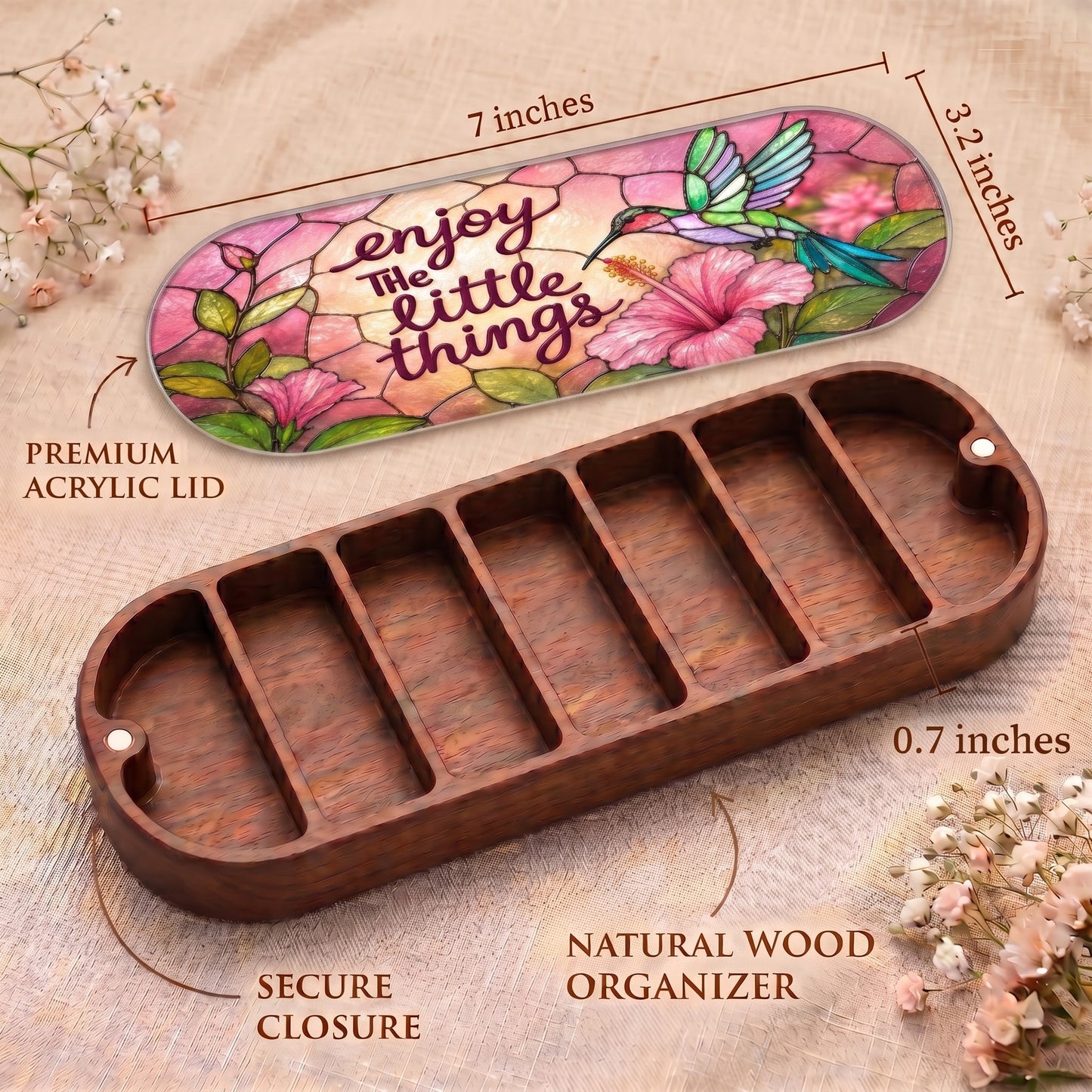 Enjoy the Little Things Pillcase dimensions with hummingbird acrylic lid, secure closure and natural wood organizer