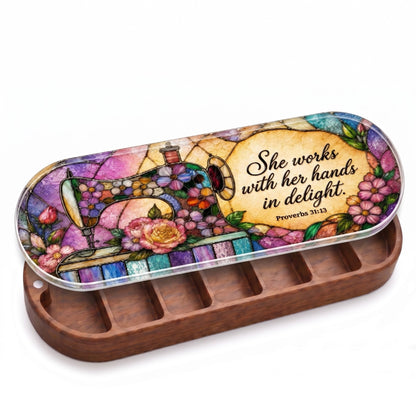 Open wooden Pillcase with vintage sewing machine and floral stained-glass Proverbs 31:13 lid on white