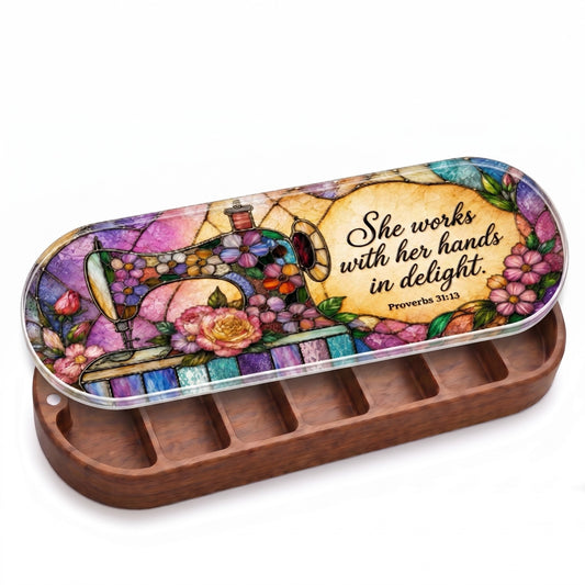 Open wooden Pillcase with vintage sewing machine and floral stained-glass Proverbs 31:13 lid on white