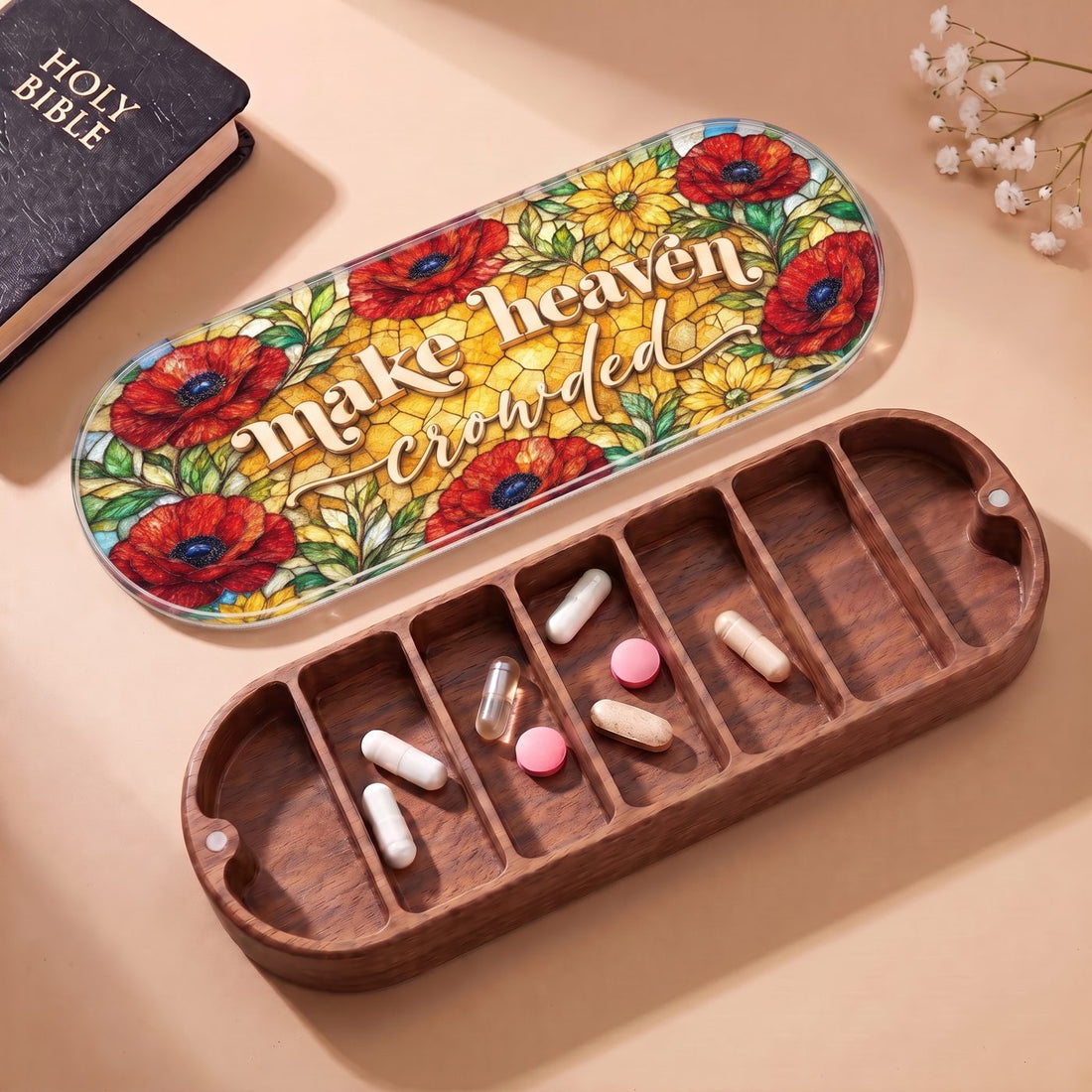 "Make Heaven Crowded — Poppy Floral Stained Glass" Pill Case — open Make Heaven Crowded Pill Case with Holy Bible, flowers, and assorted pills