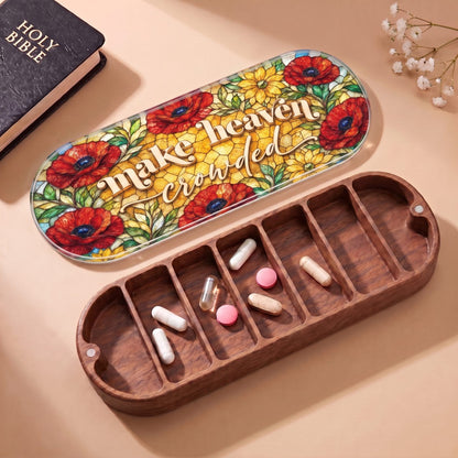"Make Heaven Crowded — Poppy Floral Stained Glass" Pill Case — open Make Heaven Crowded Pill Case with Holy Bible, flowers, and assorted pills