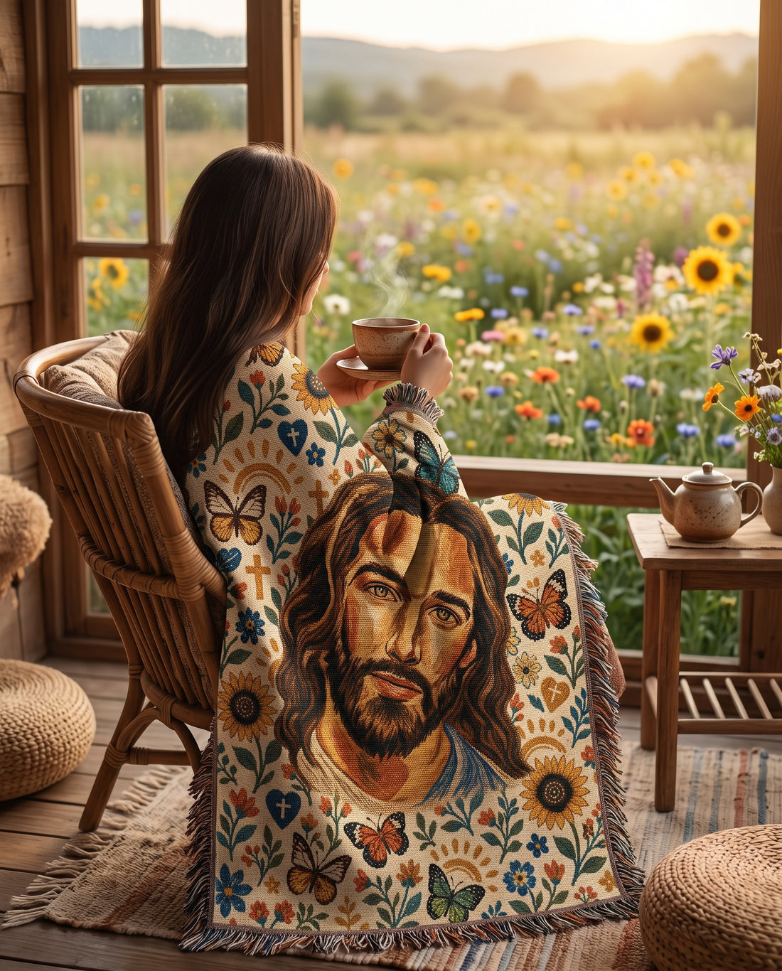 Jesus in the Sunflower Garden Woven Blanket gallery image 4