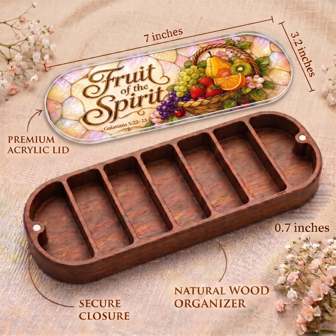 Fruit of the Spirit Pillcase dimensions with acrylic lid, secure closure and natural wood organizer