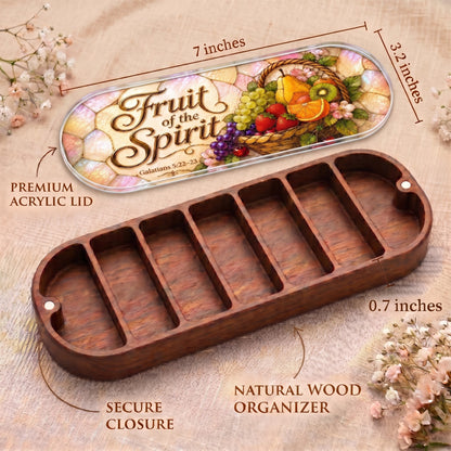 Fruit of the Spirit Pillcase dimensions with acrylic lid, secure closure and natural wood organizer
