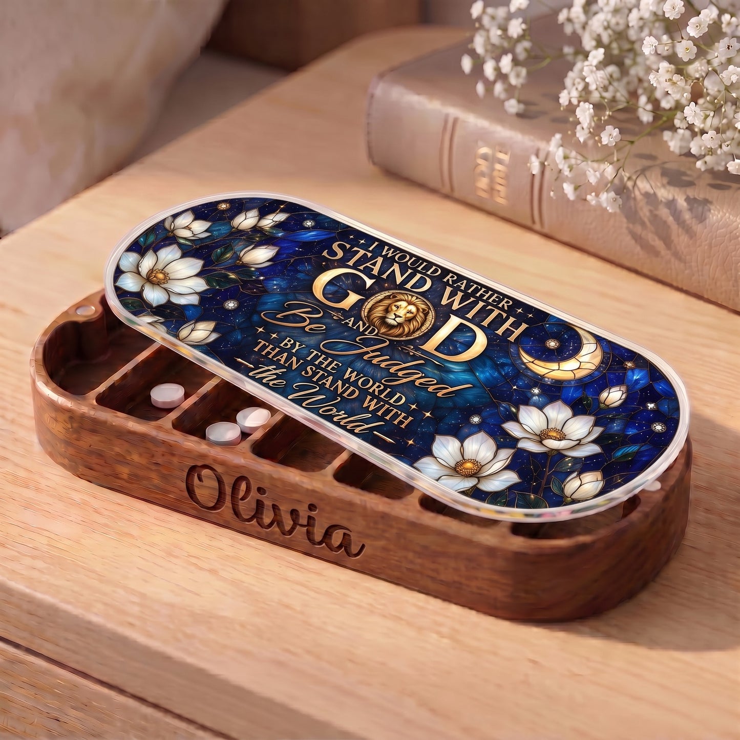 Personalized Olivia Pillcase with lion medallion, crescent moon, white magnolia-like flowers and Stand with God artwork
