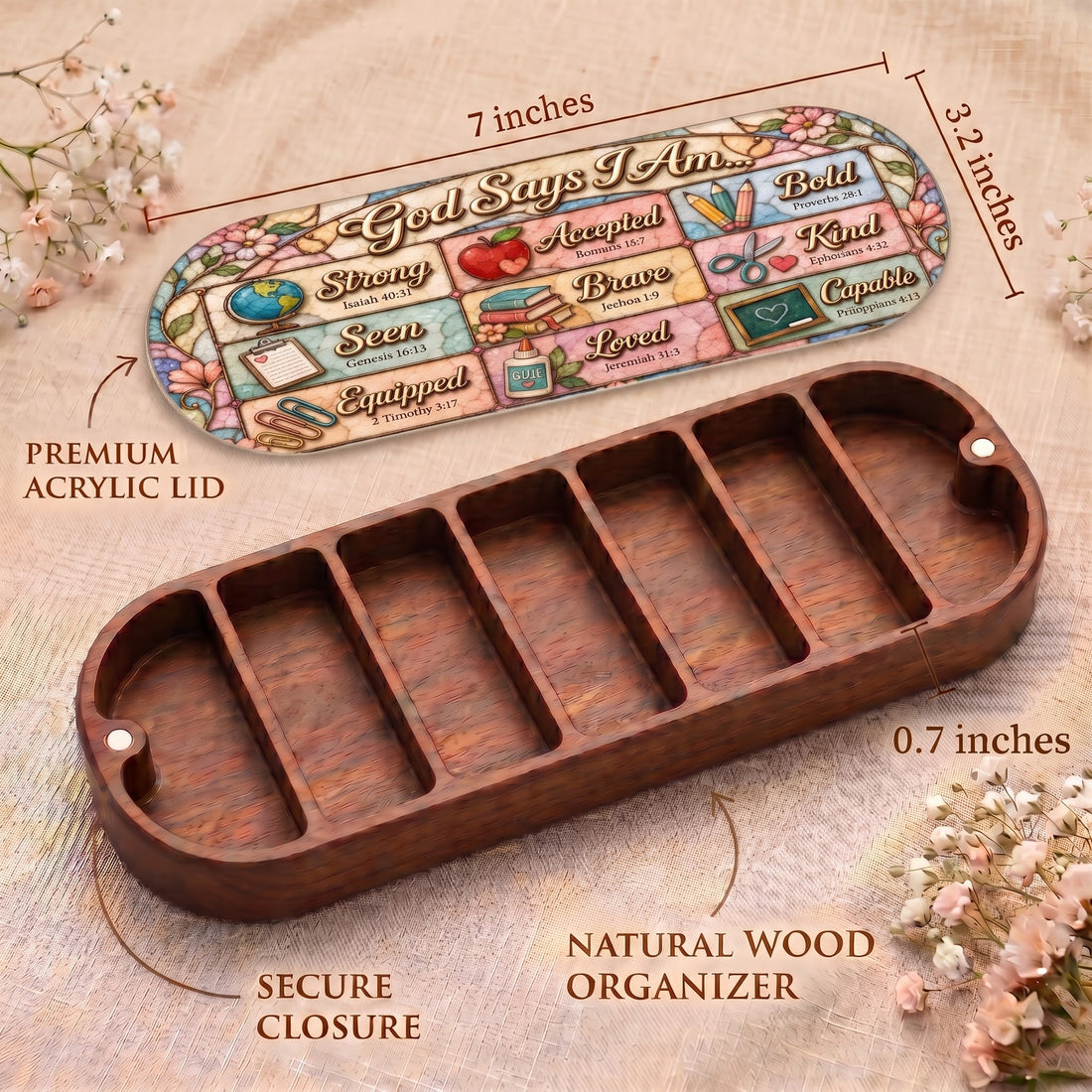 God Says I Am Christian teacher affirmations Pillcase dimensions with acrylic lid, secure closure and natural wood organizer
