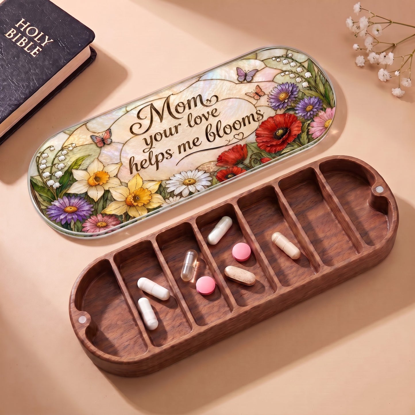 Mom Your Love Helps Me Bloom floral Pillcase with Holy Bible and daily tablets