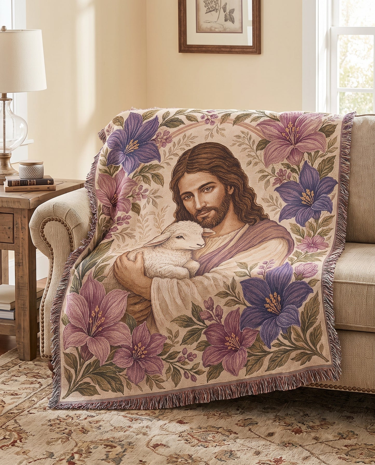 Good Shepherd Lavender Florals Woven Blanket mockup 3
