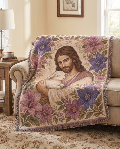 Good Shepherd Lavender Florals Woven Blanket mockup 3
