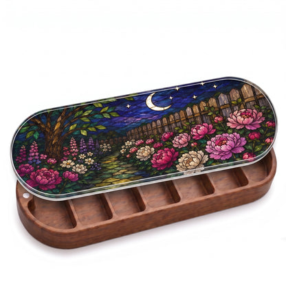 Open wooden Moonlit Garden Pillcase with crescent moon, stars and peony-like floral stained-glass-style lid on white