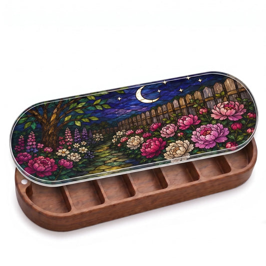 Open wooden Moonlit Garden Pillcase with crescent moon, stars and peony-like floral stained-glass-style lid on white
