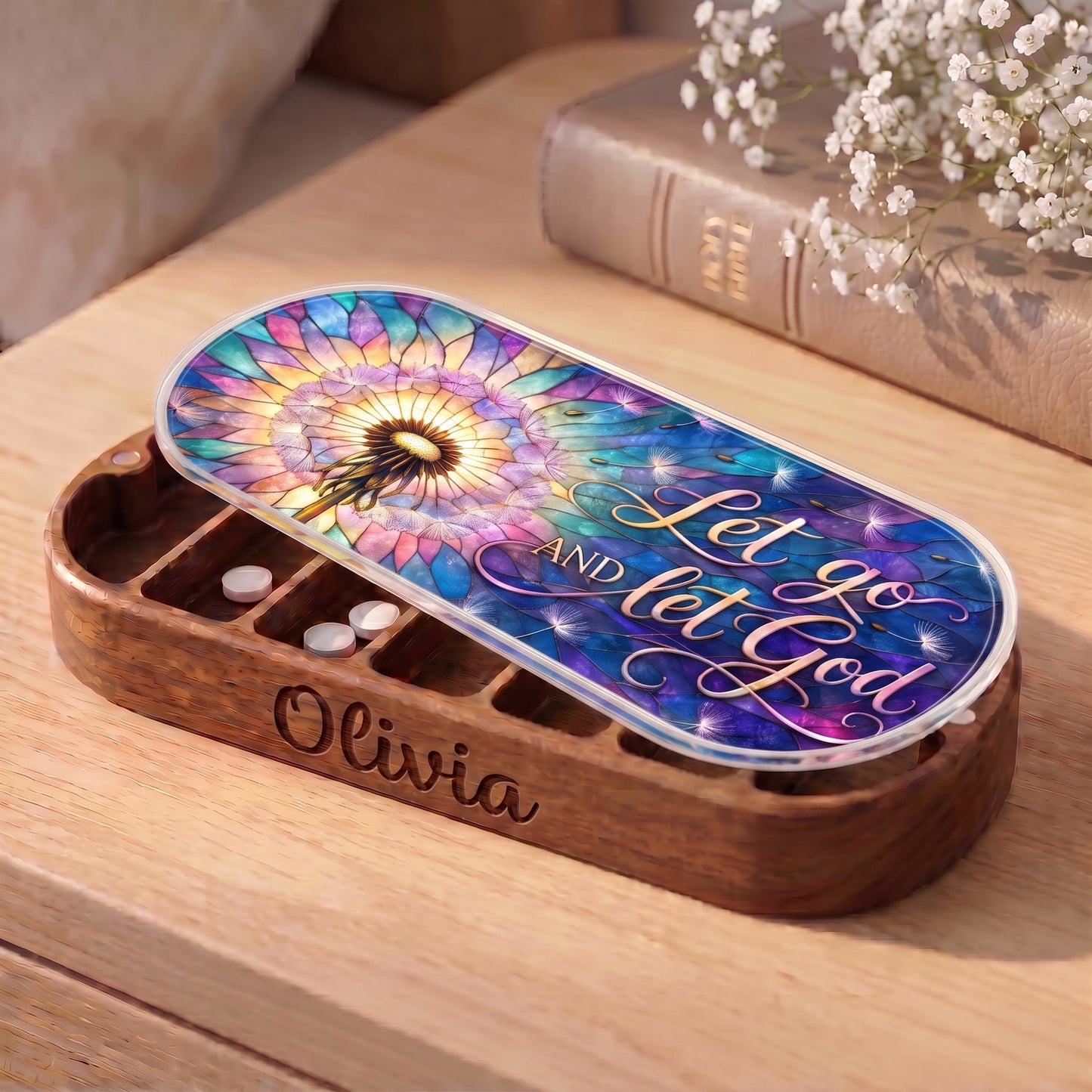 Personalized Pillcase with dandelion stained-glass artwork on bedside table