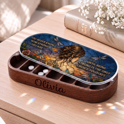 Personalized Olivia Pillcase with You Never Know How Strong You Are artwork, woman portrait, roses and dragonflies beside a Holy Bible