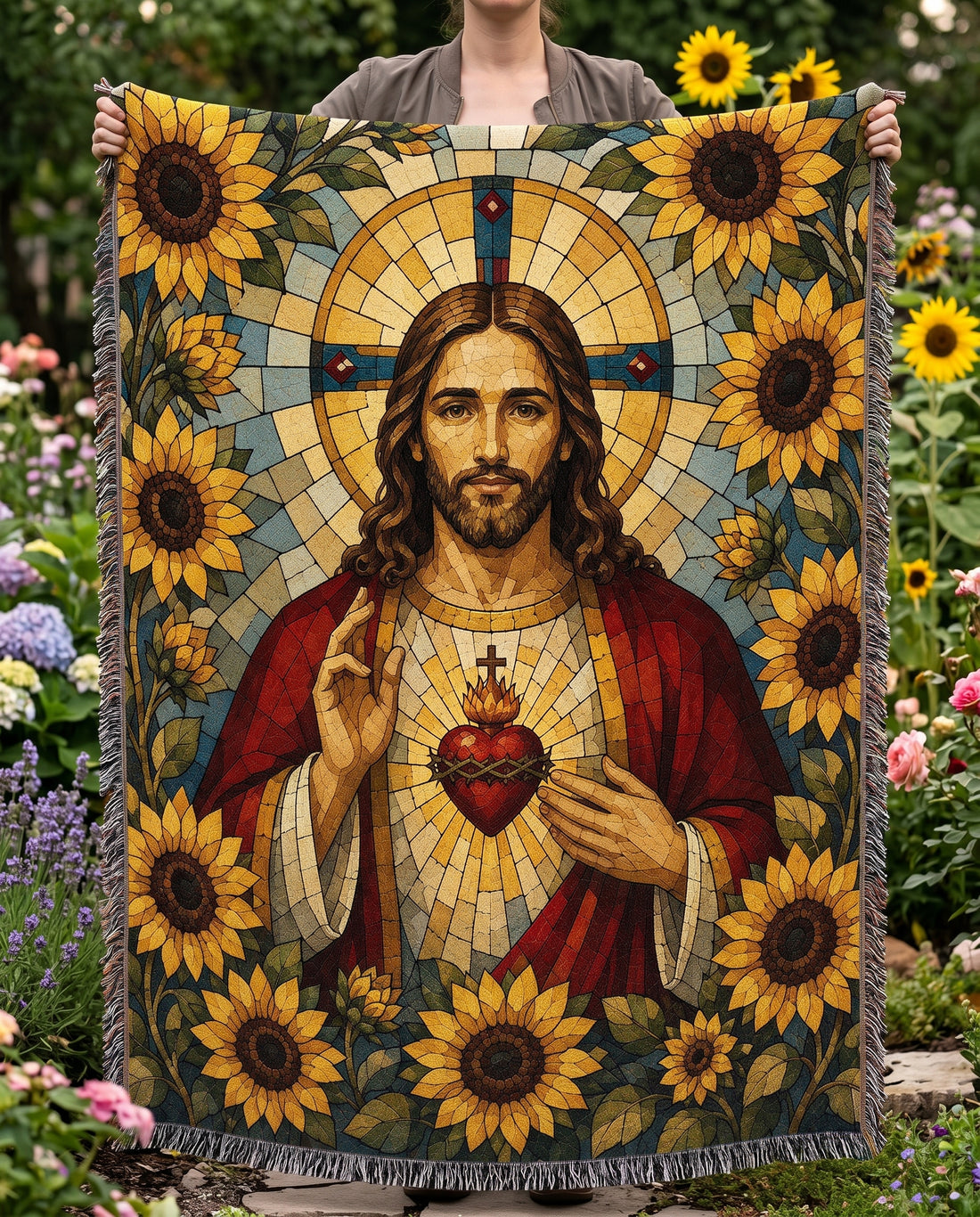 Sacred Heart of Jesus - Sunflower Mosaic Woven Blanket