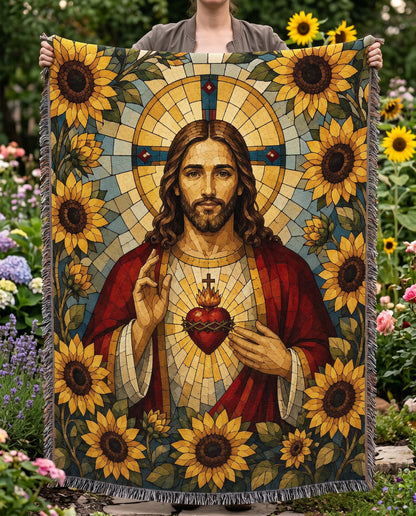 Sacred Heart of Jesus - Sunflower Mosaic Woven Blanket