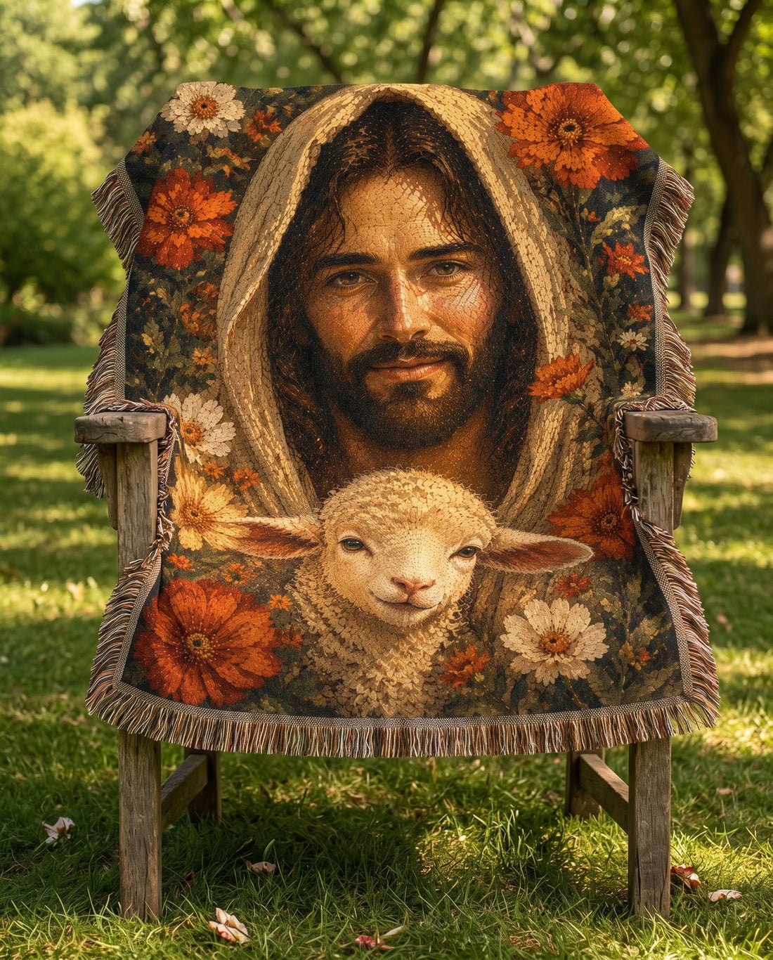 Good Shepherd Lamb and Autumn Florals Woven Blanket