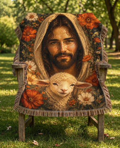 Good Shepherd Lamb and Autumn Florals Woven Blanket