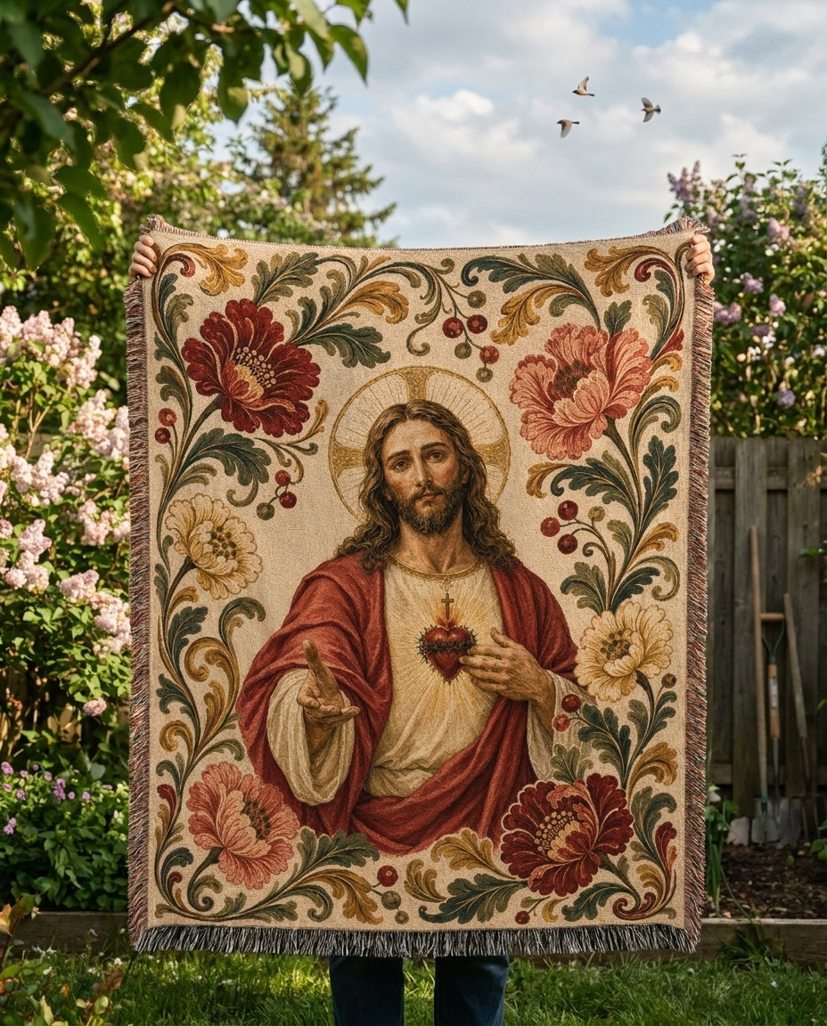 Garden held display - Sacred Heart Jesus Floral Woven Blanket