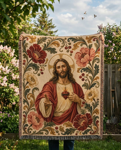 Garden held display - Sacred Heart Jesus Floral Woven Blanket