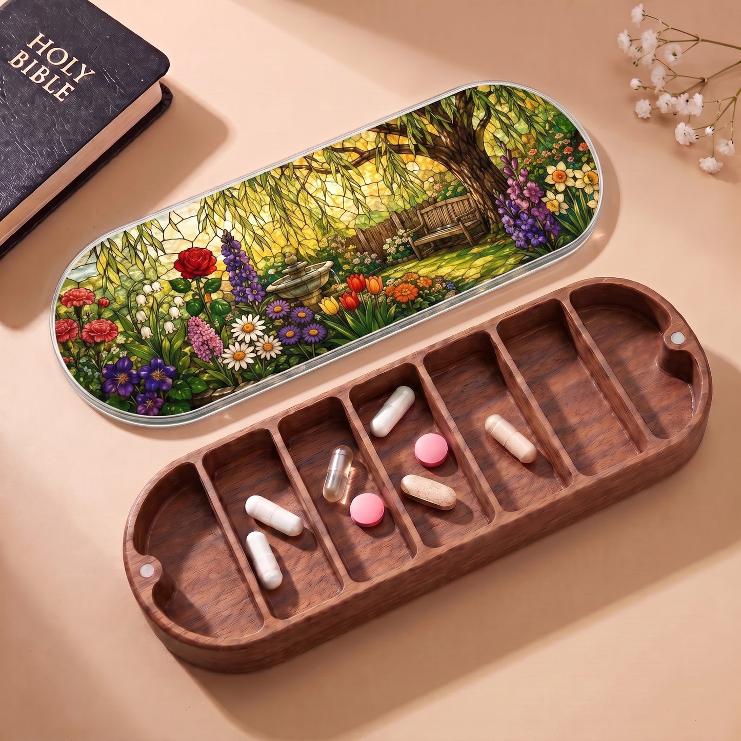 Peaceful Garden Retreat Pillcase with Holy Bible and daily tablets