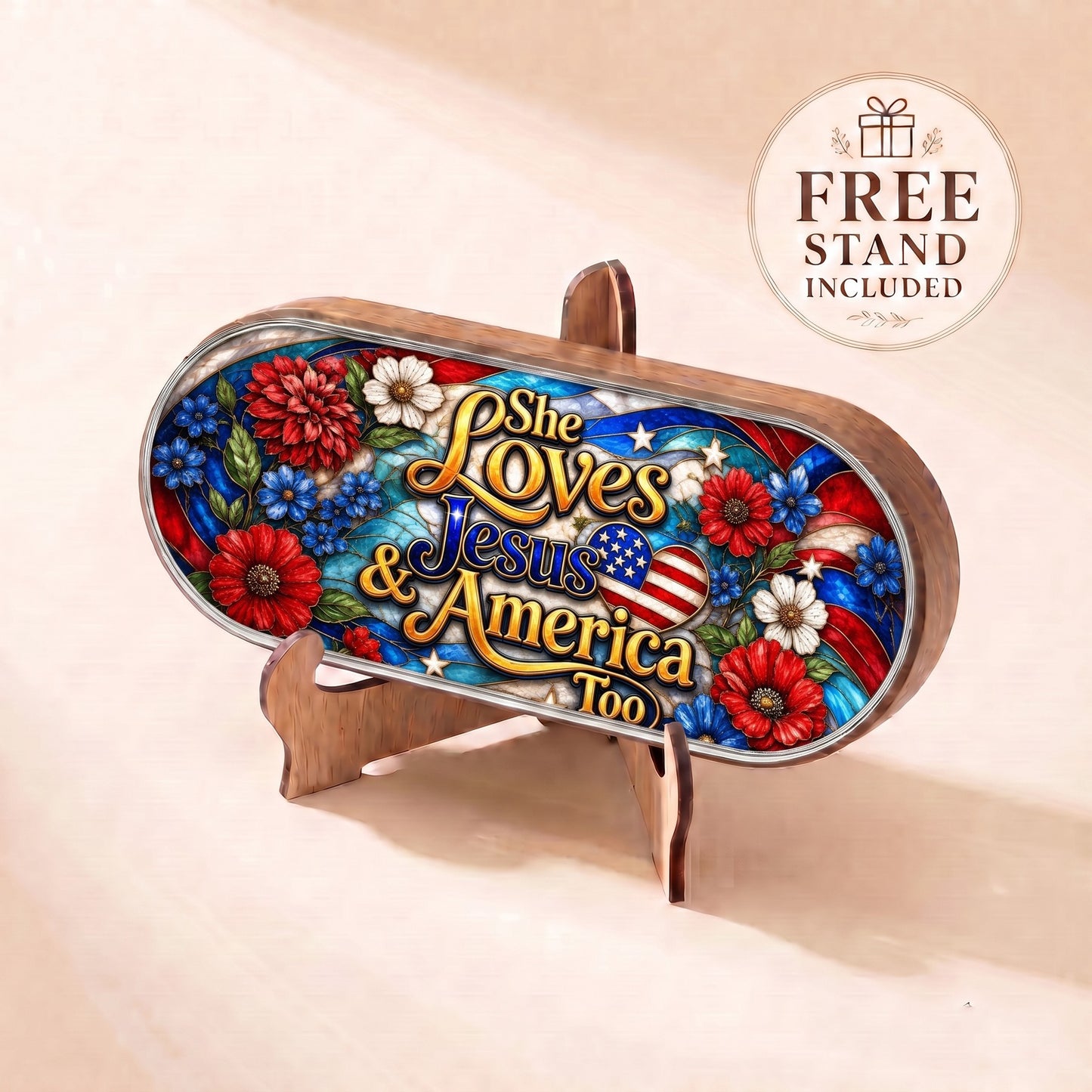 She Loves Jesus and America Too patriotic floral Pillcase displayed on included wooden stand