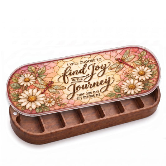"I Will Choose to Find Joy in the Journey That God Has Set Before Me — Daisy & Dragonfly Stained Glass" Pill Case clean product view