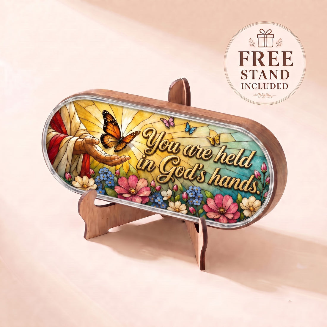 You Are Held in God’s Hands monarch butterfly floral Pillcase displayed on included wooden stand