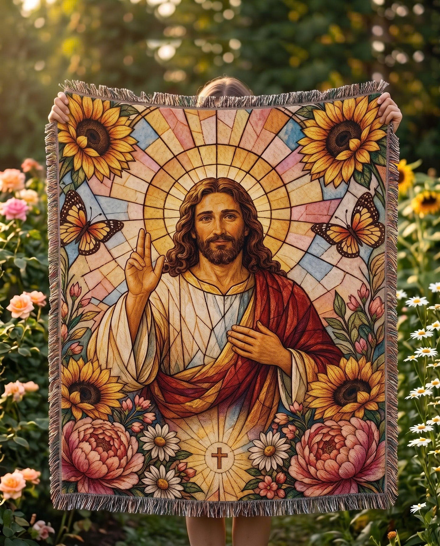 Radiant Savior - Stained Glass Jesus Woven Blanket