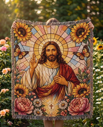 Radiant Savior - Stained Glass Jesus Woven Blanket
