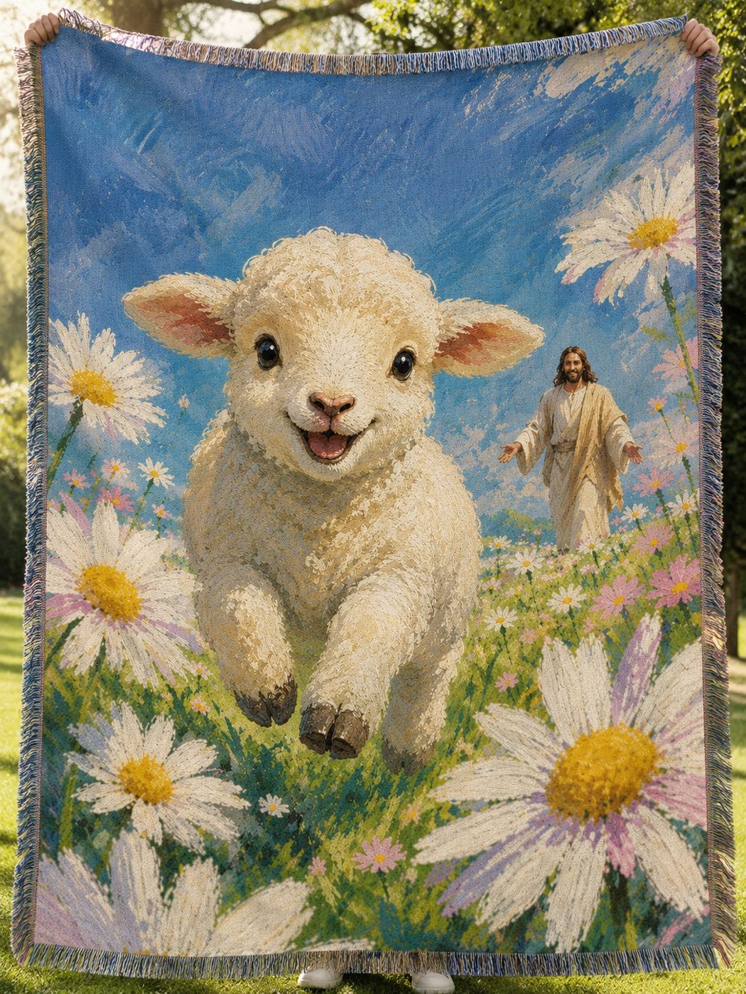 Joyful Lamb with Jesus in the Daisy Meadow Woven Blanket