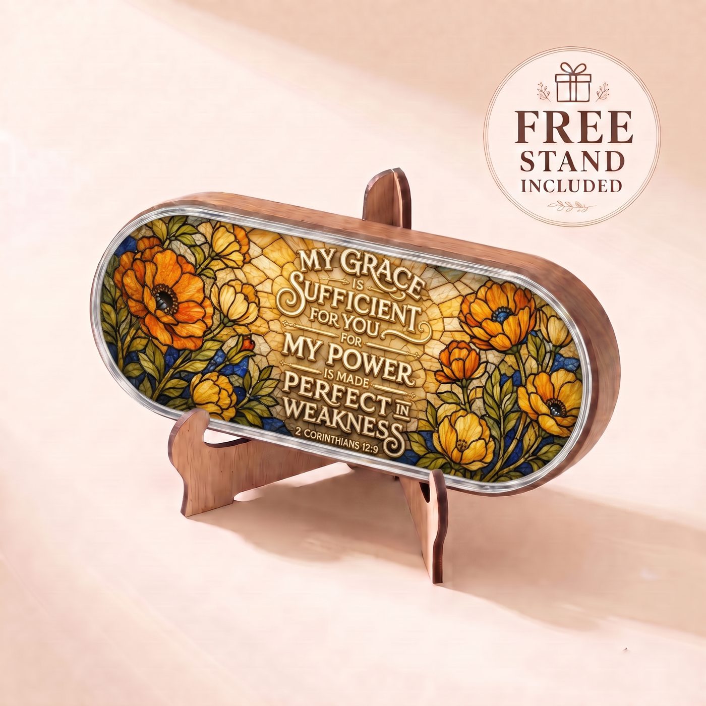 "My Grace Is Sufficient for You — 2 Corinthians 12:9" Pill Case — scripture plaque displayed on the included wooden stand