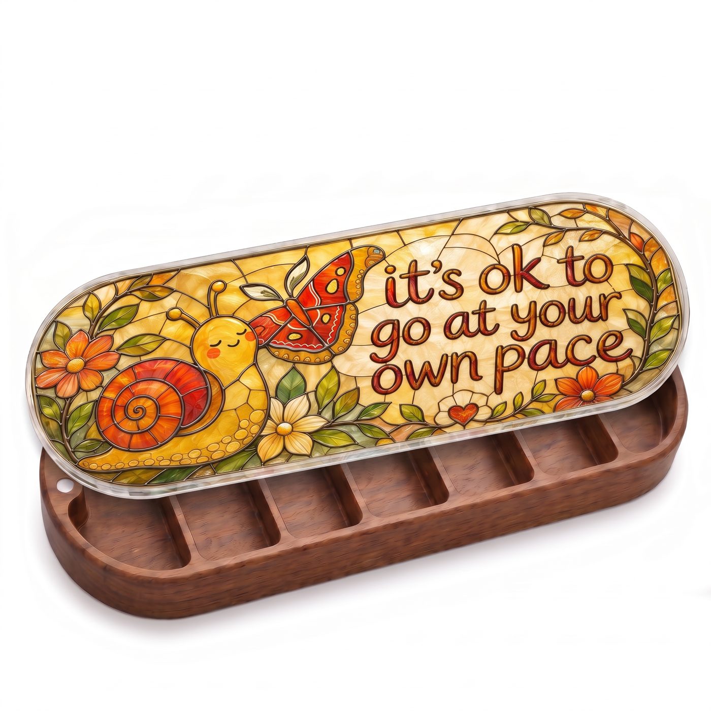 "It’s OK to Go at Your Own Pace — Snail & Butterfly Stained Glass" Pill Case — open wooden snail and butterfly Pill Case on white studio background