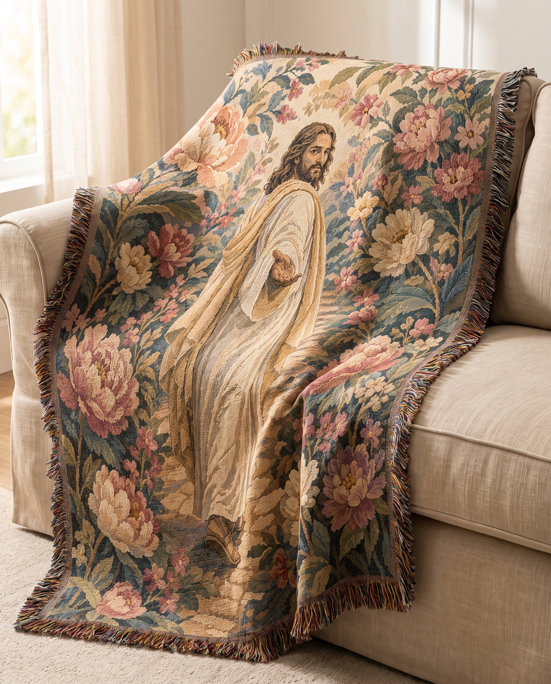 Sofa styling - Walk With Jesus Vintage Floral Woven Blanket