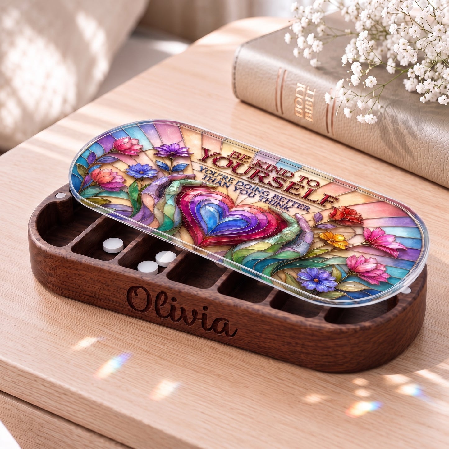 Personalized Olivia wooden Pillcase with Be Kind to Yourself floral heart stained-glass artwork beside a Holy Bible