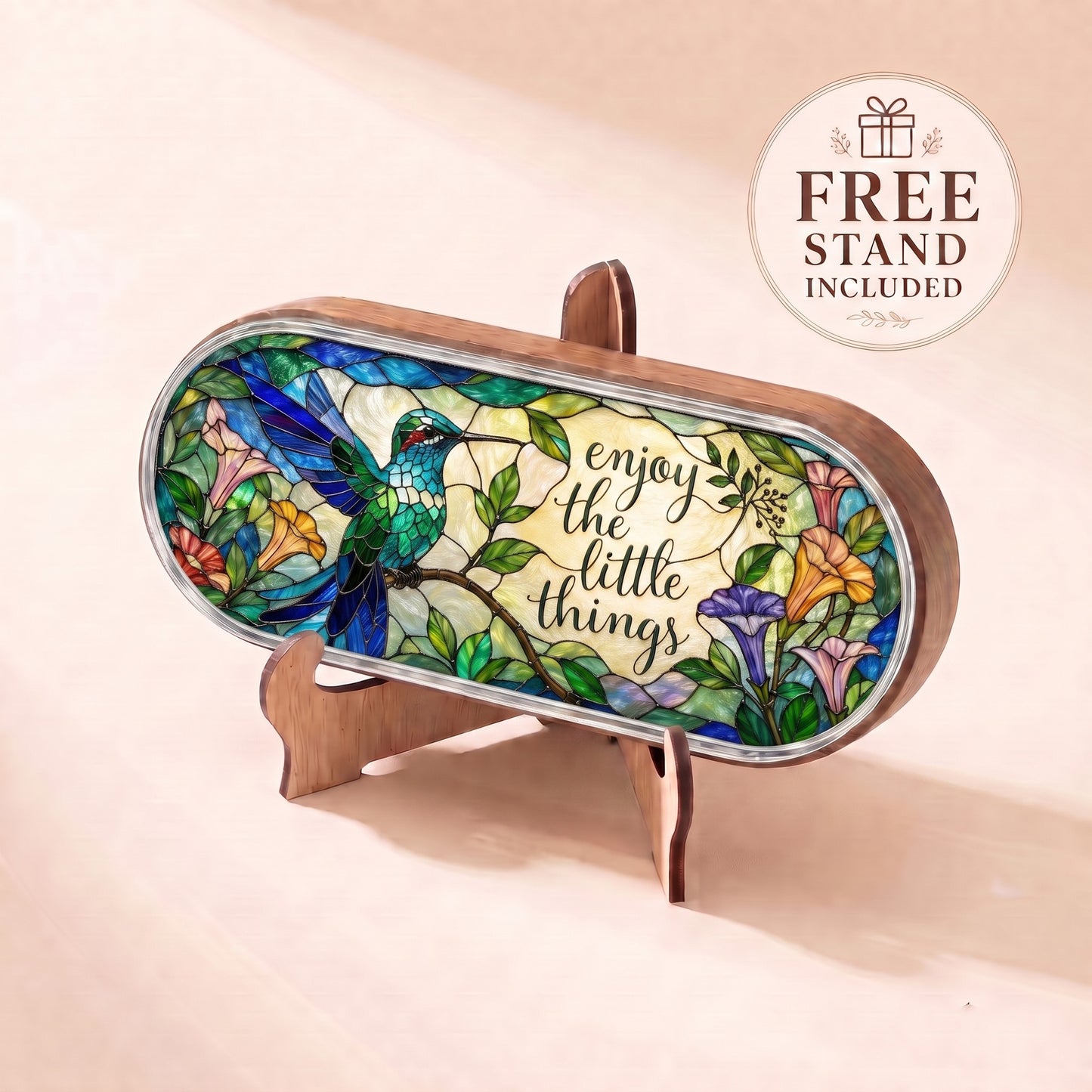 Enjoy the Little Things hummingbird garden Pillcase displayed on included wooden stand