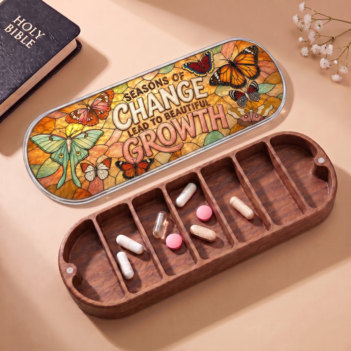 Seasons of Change Lead to Beautiful Growth butterfly Pillcase with Holy Bible and daily tablets