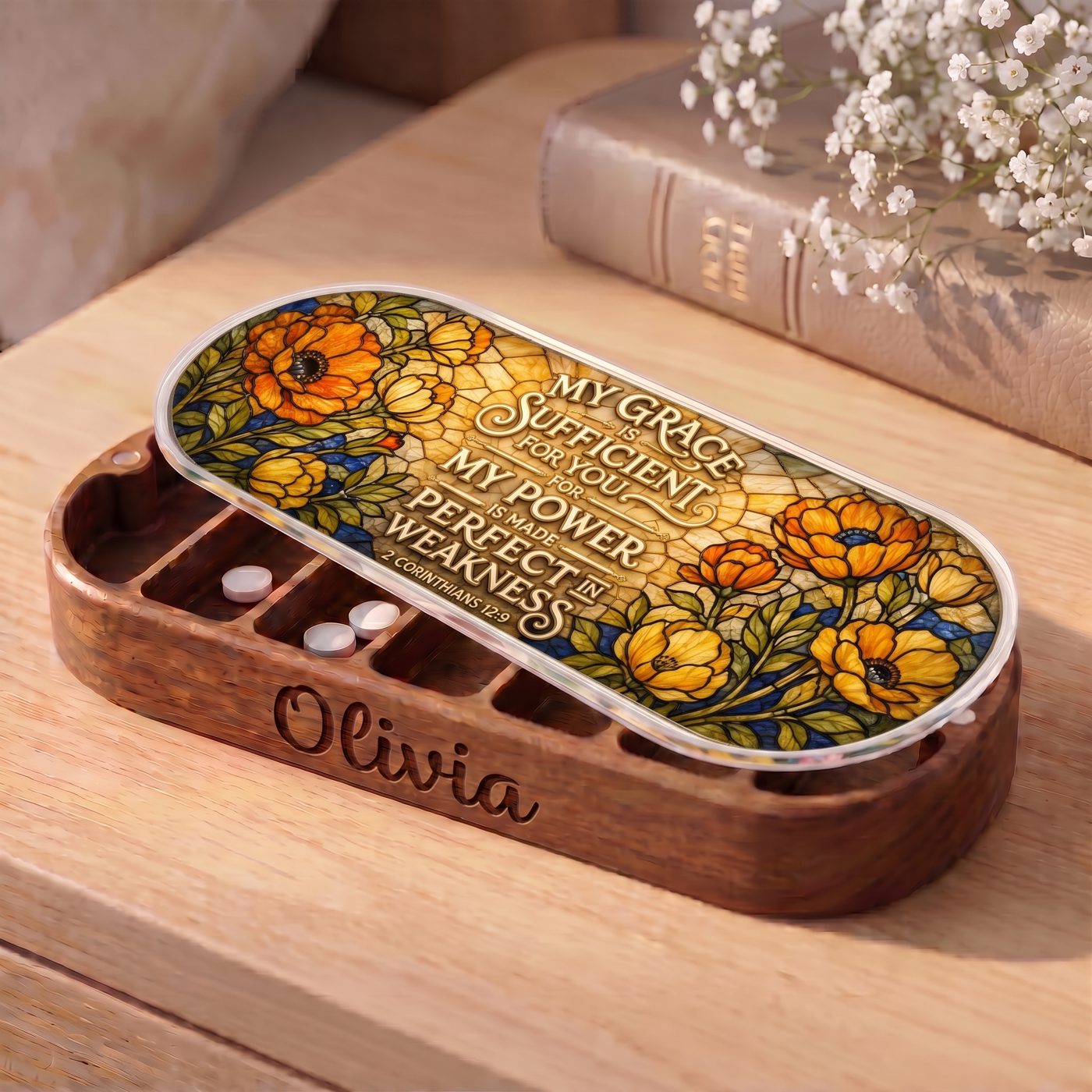 "My Grace Is Sufficient for You — 2 Corinthians 12:9" Pill Case — personalized open Pill Case on a wooden table