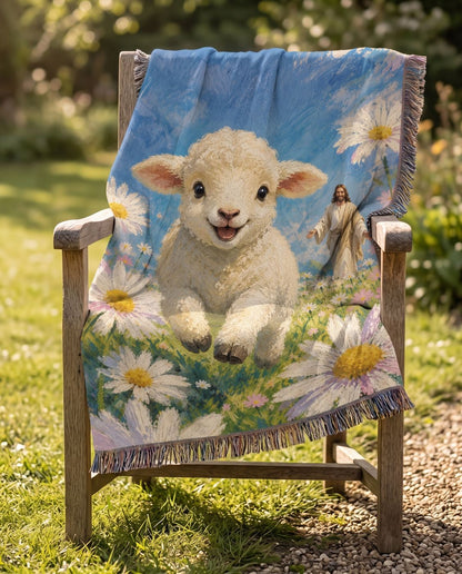Joyful Lamb with Jesus in the Daisy Meadow Woven Blanket