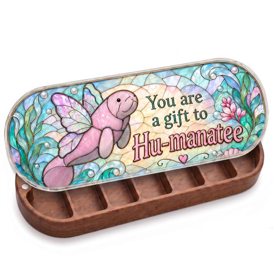 "You Are a Gift to Hu-manatee — Winged Manatee Stained Glass" Pill Case — open wooden You Are a Gift to Hu-manatee Pill Case on white studio background
