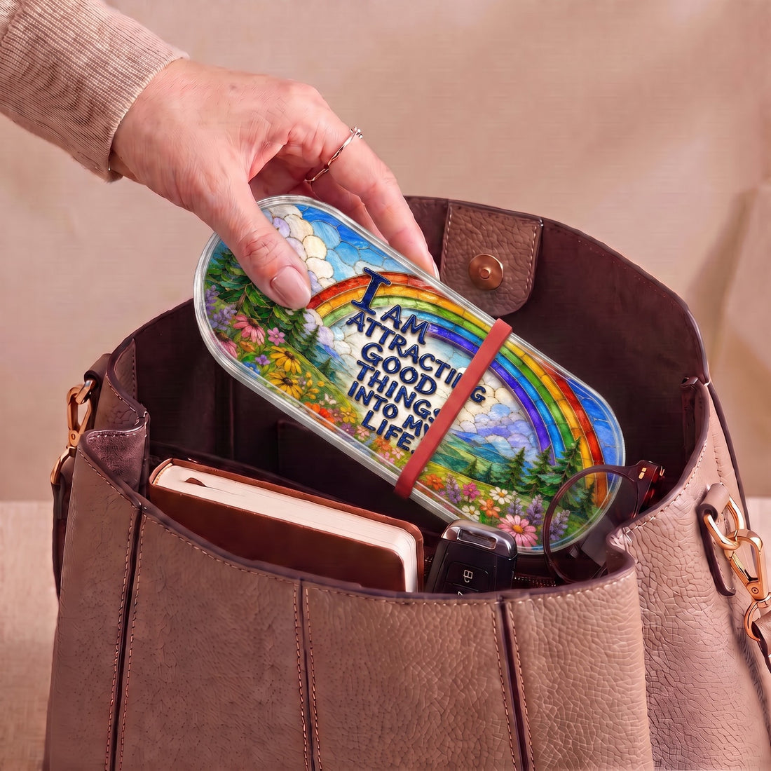 I Am Attracting Good Things rainbow Pillcase carried inside a handbag with everyday essentials
