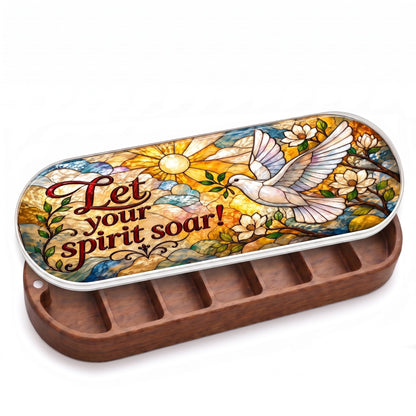 Open wooden Let Your Spirit Soar Pillcase with white dove, olive branch and golden sun stained-glass lid on white