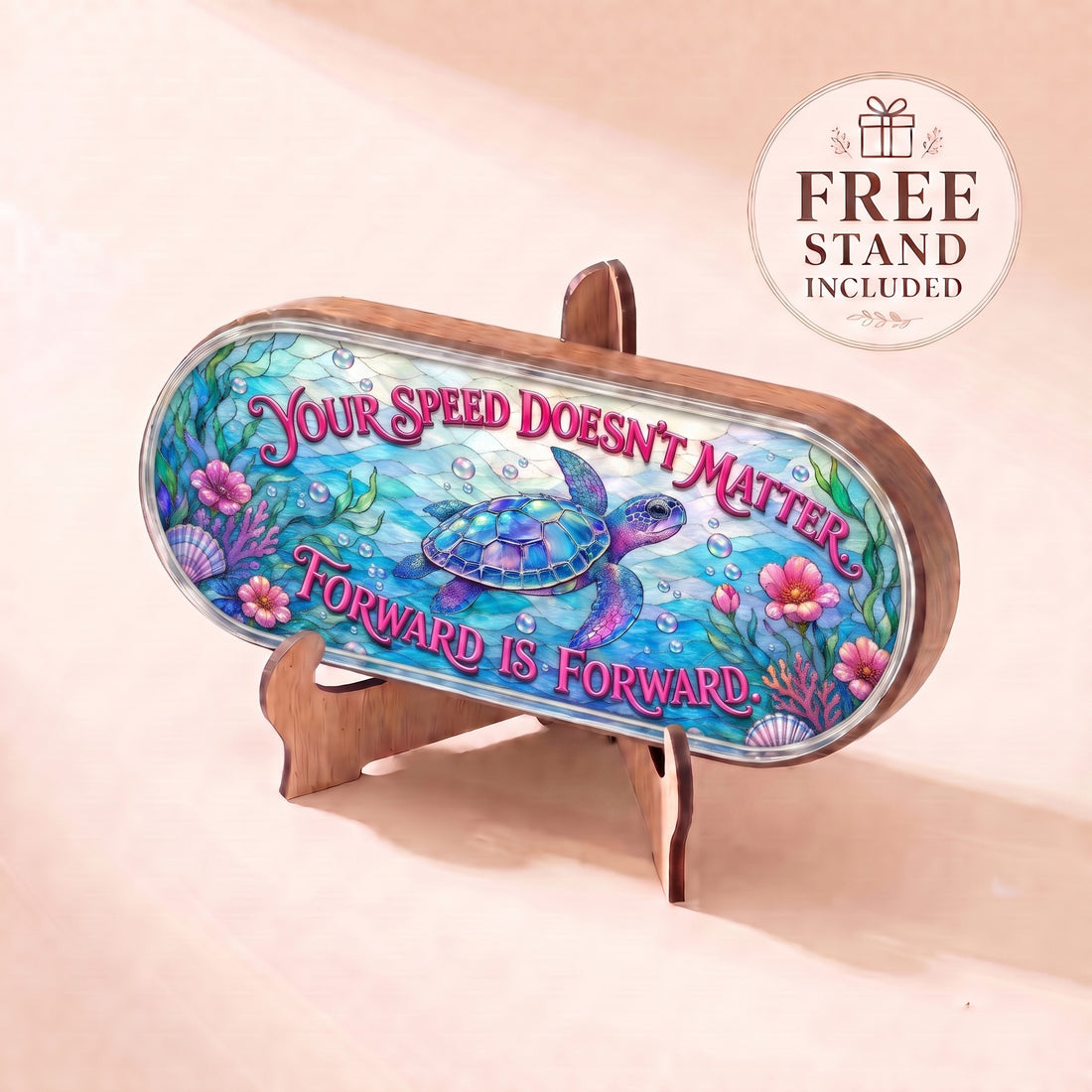 Sea turtle stained-glass Pillcase lid displayed on included wooden stand